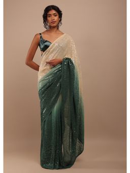 KALKI FASHION - Bottle Green and Cream Ombre Sequins Embroidery Saree with Unstitched Blouse