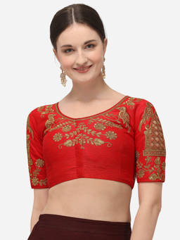 Amrutam Fab - Womens Embroidered Red Phantom Silk Stiched Blouse With Round Neck