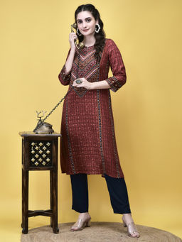 Shree - Women Liva Maroon Ornamental Print Kurta