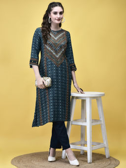 Shree - Women Liva Navy Blue Ornamental Print Kurta