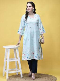 Shree - Women Linen Sky Blue Floral Print Kurta