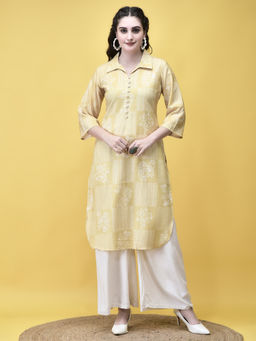 Shree - Women Linen Yellow Ornamental Print Kurta