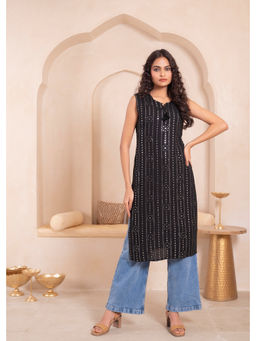 Juniper - Black Geometric Embroidered Viscose Kurta with Mirror & Thread Work
