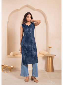 Juniper - Navy Geometric Embroidered Viscose Kurta with Mirror Work & Tassels