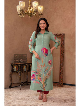 Juniper - Mint Floral Printed Viscose Kurta with Shell Buttons