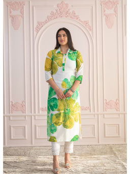 Juniper - Green Floral Printed Viscose Kurta with Button Closure