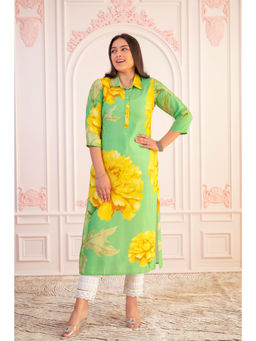 Juniper - Green and Yellow Printed Viscose Kurta with Button Details