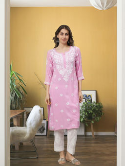 Seva Chikan - Hand Embroidered Pink Rayon Lucknowi Chikankari Kurta