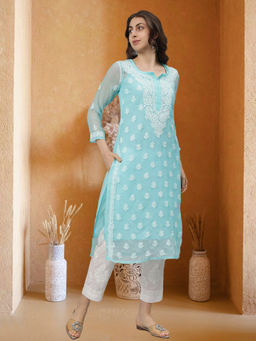 Seva Chikan - Hand Embroidered Sea Green Lucknowi Chikankari Kurta with Slip (Set of 2)