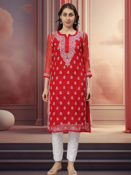 Seva Chikan - Hand Embroidered Red Lucknowi Chikankari Kurta with Slip (Set of 2)