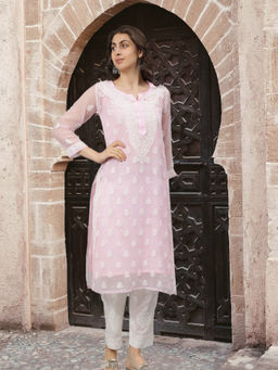 Seva Chikan - Hand Embroidered Pink Lucknowi Chikankari Kurta with Slip (Set of 2)