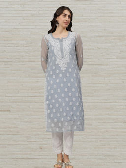 Seva Chikan - Hand Embroidered Grey Lucknowi Chikankari Kurta with Slip (Set of 2)