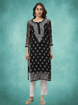 Seva Chikan - Hand Embroidered Black Lucknowi Chikankari Kurta with Slip (Set of 2)