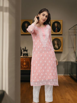 Seva Chikan - Hand Embroidered Peach Lucknowi Chikankari Kurta with Slip (Set of 2)