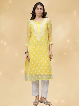 Seva Chikan - Hand Embroidered Yellow Lucknowi Chikankari Kurta with Slip (Set of 2)