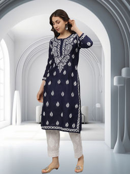 Seva Chikan - Hand Embroidered Navy Blue Cotton Lucknowi Chikankari Kurta