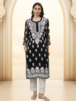 Seva Chikan - Hand Embroidered Black Georgette Lucknowi Chikankari Kurta with Slip (Set of 2)