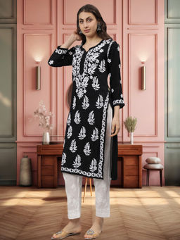 Seva Chikan - Hand Embroidered Black Modal Lucknowi Chikankari Kurta