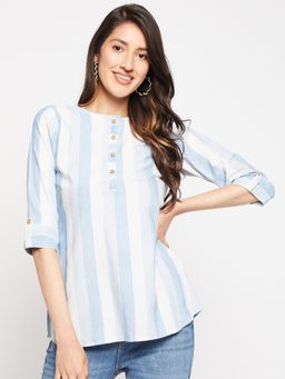 WEAVLLITE - Blue Rayon Stripes Printed A-line Tunic