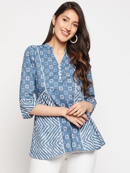 WEAVLLITE - Blue Pure Cotton Cambric Floral Printed A-line Tunic