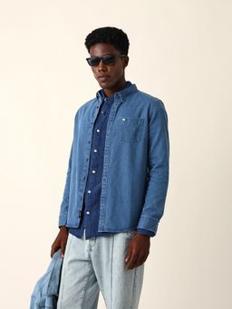 The Bear House - Men Blue Cotton Solid Casual Shirt