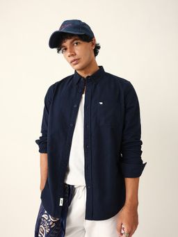 The Bear House - Men Navy Blue Cotton Solid Slim Fit Casual Shirt