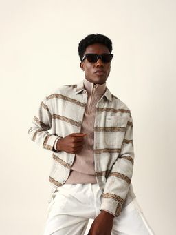 The Bear House - Men Beige Cotton Checked Flannel Oversized Fit Shirt
