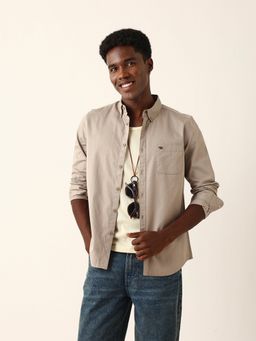 The Bear House - Men Beige Cotton Solid Casual Shirt