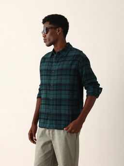 The Bear House - Men Teal Cotton Checked Relaxed Fit Shirt