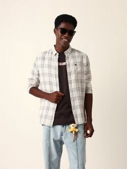 The Bear House - Men Off White Cotton Checked Casual Shirt