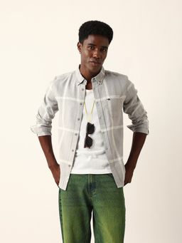 The Bear House - Men Grey Checked Slim Fit Casual Shirt