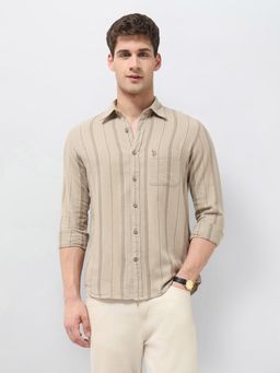U.S. Polo Assn. Denim Co. - Men Beige Vertical Striped Regular Fit Shirt