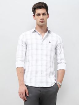 U.S. POLO ASSN. - Men White Textured with Grid Checked Dobby Shirt