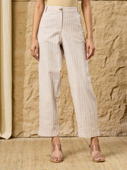 Fabindia - Women Beige Stripes Cotton Pant