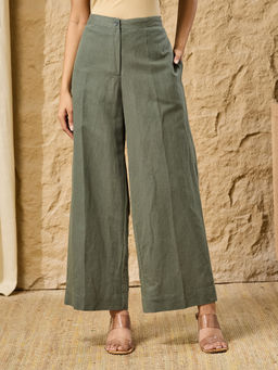 Fabindia - Women Green Solid/Plain Cotton Linen Pant