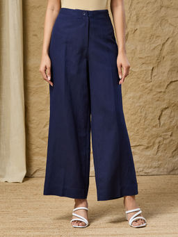Fabindia - Women Blue Solid/Plain Cotton Linen Pant