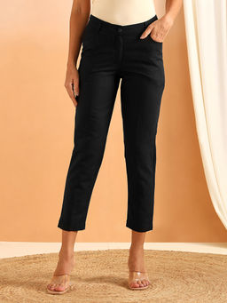 Fabindia - Women Black Solid/Plain Cotton Linen Pant