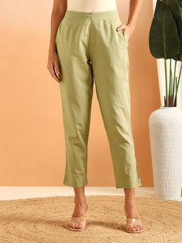 Fabindia - Women Green Solid/Plain Cotton Pant