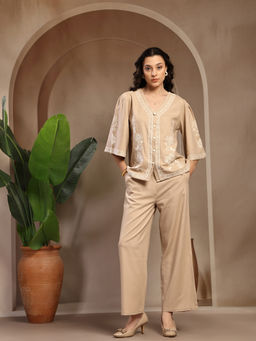 Gipsy - Women Beige Embroidered Linen Co-Ord Set