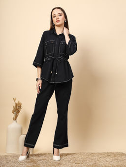 Gipsy - Women Navy Blue Solid/Plain Linen Co-Ord Set