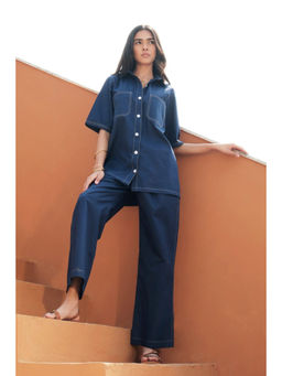 etre comfortwear - Women Navy Blue Solid/Plain Poplin Co-Ord Set