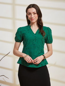 Latin Quarters - Women Green Embroidered Cotton Top