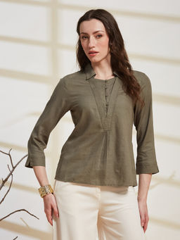 Latin Quarters - Women Green Solid/Plain Linen Top