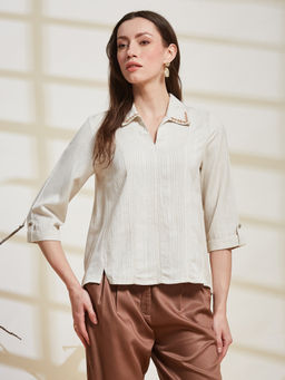 Latin Quarters - Women Off White Stripes Rayon Top