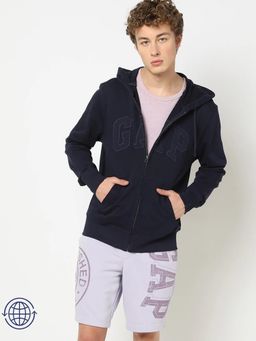 GAP - Navy Blue Men's Zip-Front Hooded Neck Logo Embroidered Hoodie