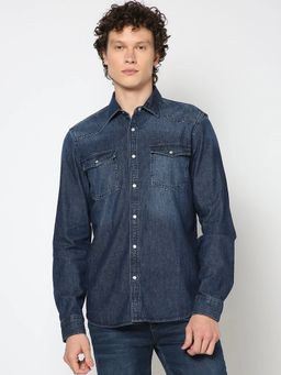 GAP - Men's Navy Blue Solid Collar Neck Casual Shirt