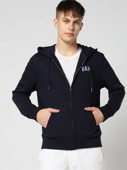 GAP - Navy Blue Men's Graphic Logo Zip-Front Hooded Neck Hoodie
