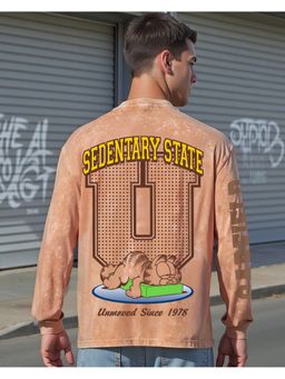 Bewakoof - Garfield Men's Caramel Orange Graphic Printed Oversized Acid Wash T-Shirt