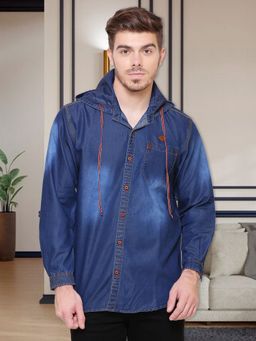 KUONS AVENUE - Men's Dark Blue Hooded Denim Casual Shirt