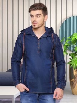 KUONS AVENUE - Men's Carbon Blue Hooded Denim Casual Shirt